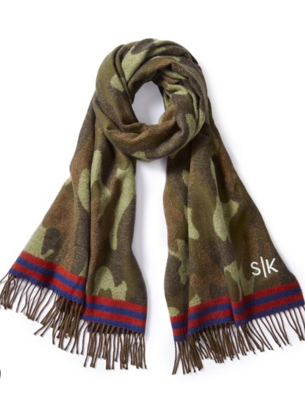 Mark & Graham Green and Brown Camo Fringe Scarf with Red and Blue Stripes
